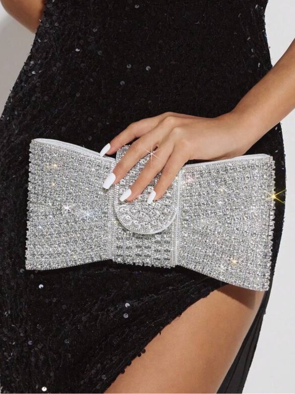 Elegant Silver Crystal Bow Clutch - Evening Bag